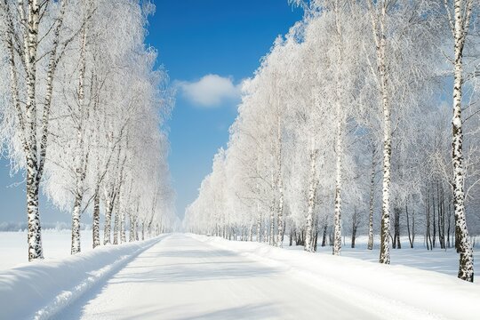 Snowy road lined with frost-covered trees under a bright blue sky - Powered by Adobe