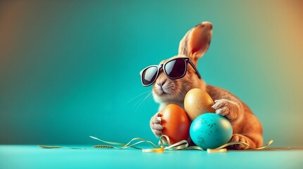 An easter bunny rabbit wearing sunnies sunglasses holding colourful easter eggs against a turquoise isolated background with room for text