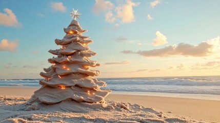 A sand Christmas tree at the beach during Christmas