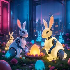 "Cybernetic Easter: Robo-Bunnies and Glowing Eggs in a Futuristic Wonderland"

