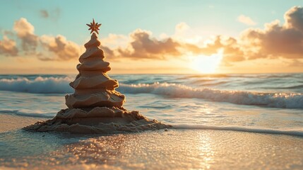 A sand Christmas tree at the beach during Christmas