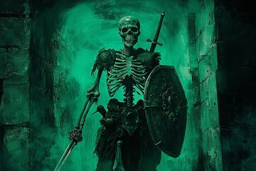 Fototapeta premium Skeletal Warrior in Green Mist - A skeletal warrior, armed with sword and shield, stands in a dark, misty corridor. The scene is eerie and atmospheric