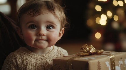 Baby Girl with a Present on Christmas Day