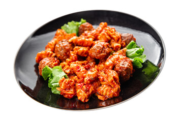 Pasta meatballs dish tomato sauce fresh tasty food dish gourmet food background on the table rustic food top view copy space