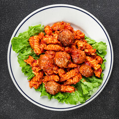 Pasta meatballs dish tomato sauce fresh tasty food dish gourmet food background on the table rustic food top view copy space