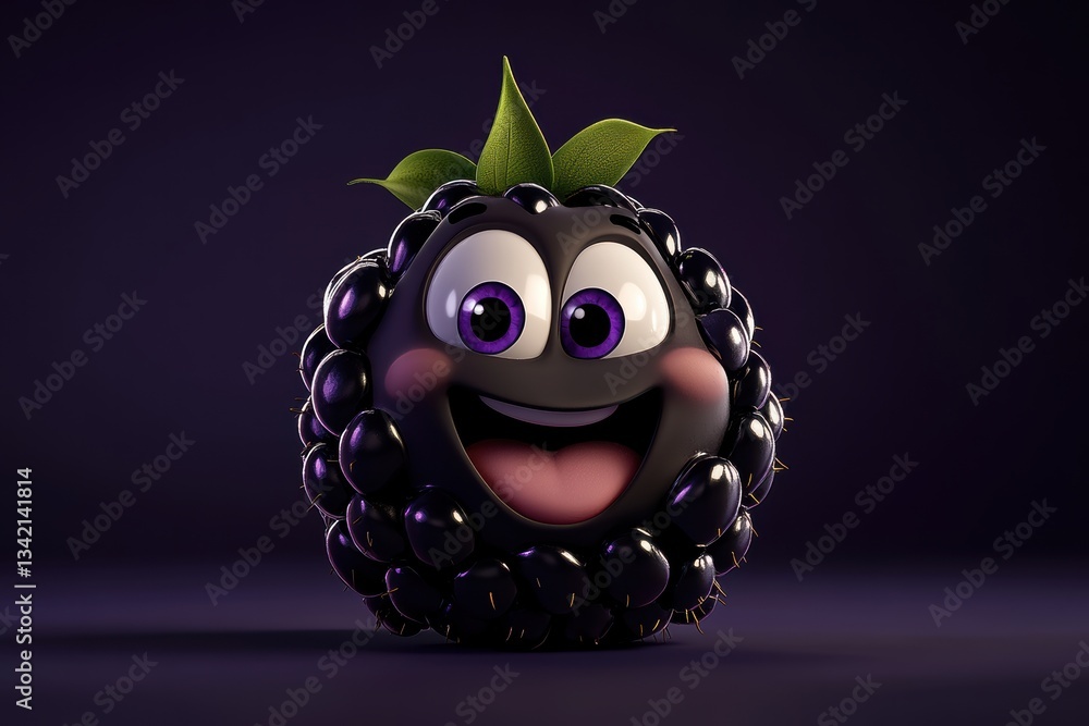 Poster joyful blackberry character with sparkling eyes and gentle smile on purple backdrop generative ai