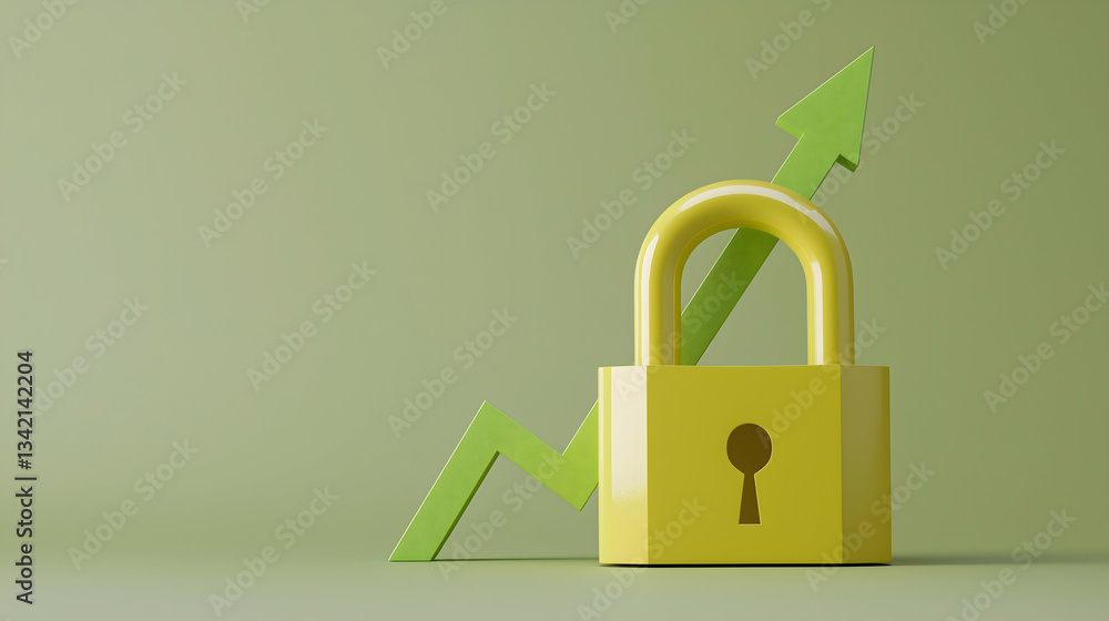 Poster a yellow padlock symbolizing security is positioned next to a green upward arrow on a soft green bac