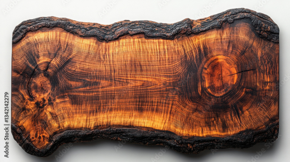 Poster aerial view of rustic dark wood slab style table top with white background, photo-realistic, rectang