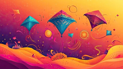 Banner poster design with vibrant kites and mandala patterns for Makar Sankranti celebration