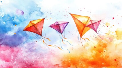 Banner with vibrant watercolor kites for Makar Sankranti festival