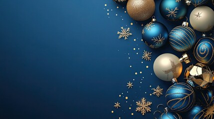 Beautiful Blue and Gold Christmas Background with Seasonal Baubles
