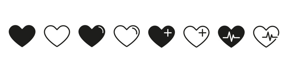 Heart icon. Heart shape vector set. Medical heath line design symbol. Vector heartbeat logo. Isolated clinic cardio sign. Romantic heart sign.