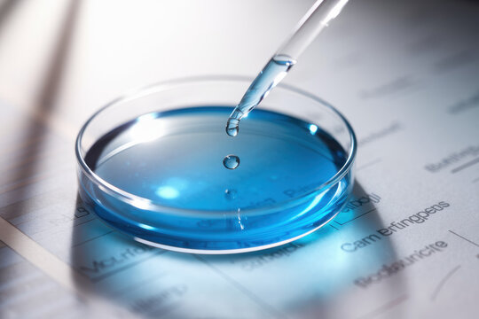 Abstract Science Concept with Blue Liquid Dropping into Petri Dish, Symbolizing Innovation and Research