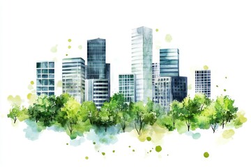 Obraz premium Watercolor Cityscape: Modern Buildings and Lush Greenery - A serene watercolor painting depicting a modern city skyline nestled amidst vibrant green trees, symbolizing urban nature, harmony