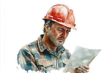 Watercolor Construction Worker Reviewing Plans - A pensive construction worker in a hard hat carefully examines blueprints, symbolizing meticulous planning, hard work, dedication, precision