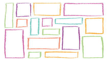 Set of different crayon border. Hand drawn crayon grunge shape. Crayon doodle frame and box for text in kid chalk style