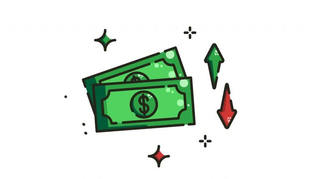 animation Two green dollar bills with an upward green arrow and a downward red arrow.
