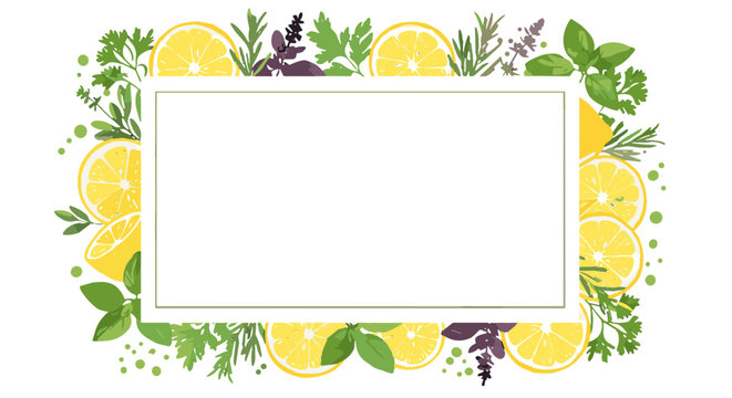 Decorative lemon and herb border with blank space for text on a white background 
