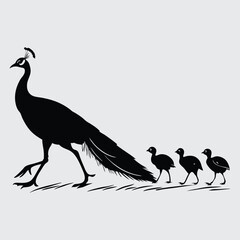 A peacock and its chicks walking in a line image silhouette design vector art and illustration