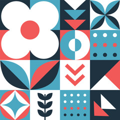 Obraz premium Geometric Shape Pattern. Seamless Abstract Print with Simple Elements. Mosaic. Trendy Flat Style Background. Sample can be used for Packaging, Wrapping, Cards, Bags. Vector in Blue, Red, White, Black
