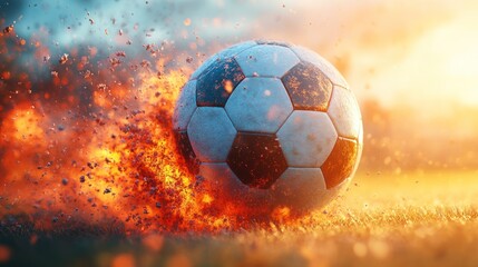 Naklejka premium Fiery Soccer Ball: A Dramatic Sunset Showdown