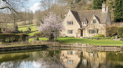 Naklejka premium English countryside cottage adorned with spring blooms, soft florals, elegant interiors, and vintage charm. A serene retreat filled with warmth, beauty, and timeless grace