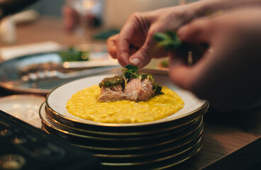 fresh risotto with baked salmon