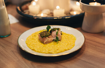 fresh risotto with baked salmon