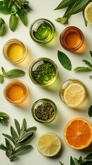 Colorful herbal tea blends arranged on a pale green surface with fresh citrus and herbs