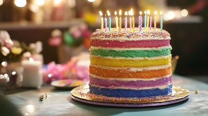 Colorful birthday cake with rainbow layers and glittering sprinkles on a table
