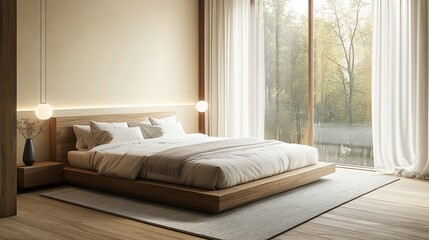 Serene Bedroom Retreat with Nature View and Minimalist Design Elements