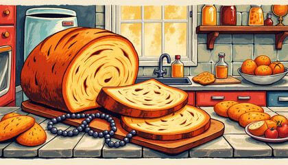 Vibrant bread and rosary in stylized kitchen, culinary symbolism