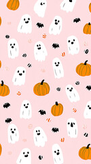 Naklejka premium Cute Halloween-themed pattern featuring playful ghosts, pumpkins, and candy on a pink background