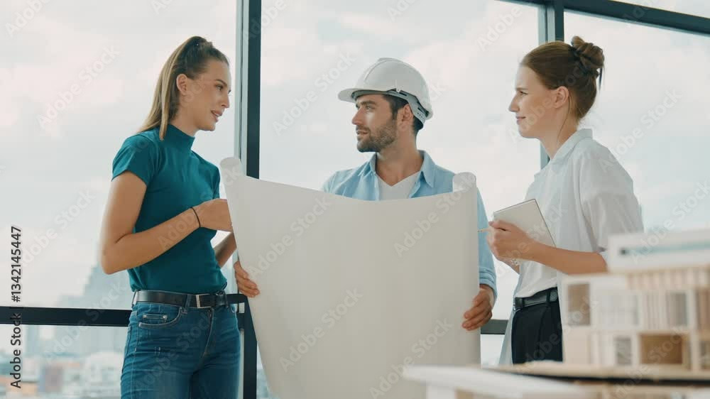 Poster professional architect engineer team thinking, sharing, brainstorming about design while looking at 