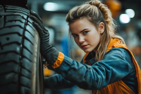Female mechanic changing tire in auto repair shop