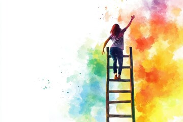 Woman Climbing Ladder Towards Colorful Dreams - A young woman ascends a ladder reaching for a vibrant, colorful watercolor backdrop symbolizing aspiration and achievement