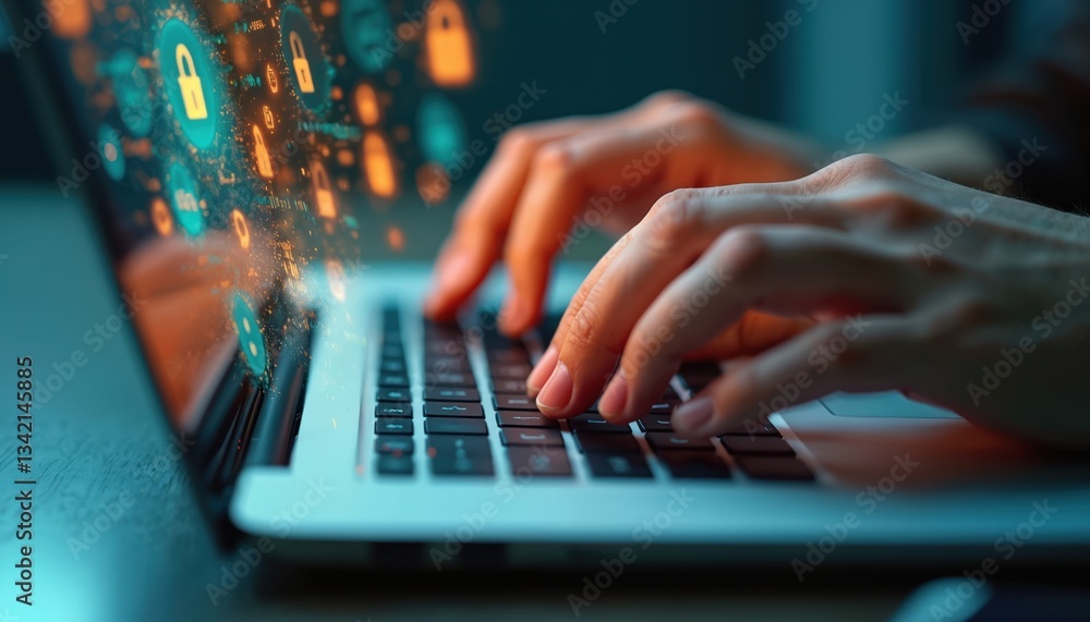 Poster Close-up of hands typing on laptop keyboard with glowing cyber security icons. Data safety, digital privacy, online protection, encryption technologies. Firewall, system access authorization on