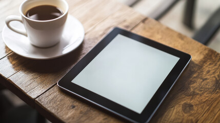 Digital tablet with blank screen and coffee cup on wooden table