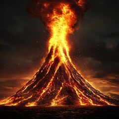 A powerful volcanic eruption spewing magma and ash into the sky