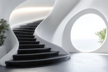 Modern spiral staircase leads to scenic view