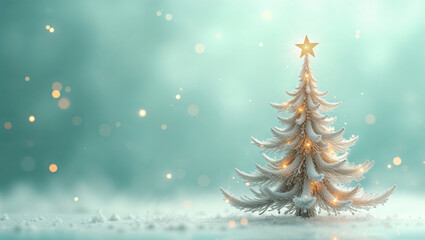 Fototapeta premium Sparkling Christmas tree adorned with lights and a star, perfect for New Year celebrations in cozy spaces