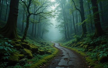 Obraz premium Walking Path Through Misty Forest with Mossy Rocks and Green Trees