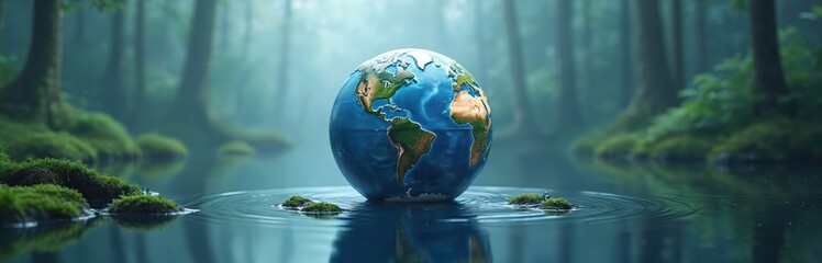 Globe standing in clean forest lake water mossy stones. Save planet eco concept, environmental conservation, nature protection. Earth globe clean water resource, sustainable future concept. Artistic