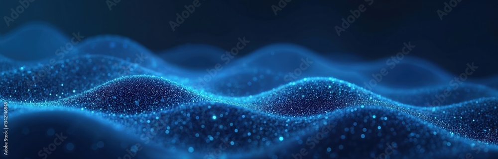 Poster Tech network background shows data tech futuristic wave line connection in blue particular colors. Global world network telecommunication concept of big data, data stream, artificial intelligence.
