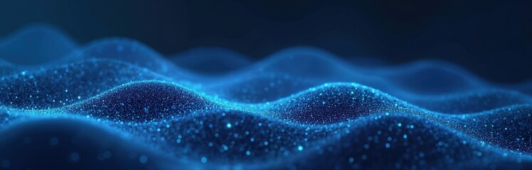 Tech network background shows data tech futuristic wave line connection in blue particular colors. Global world network telecommunication concept of big data, data stream, artificial intelligence.