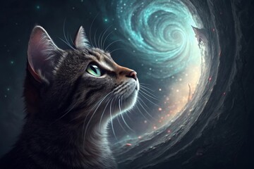 Curiosity drives a cat as it gazes into a swirling vortex of mystery and wonder, exploring the unknown depths of its imagination