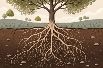 Intertwined roots and branches illustrate the concept of connection in a serene landscape