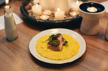 fresh risotto with baked salmon