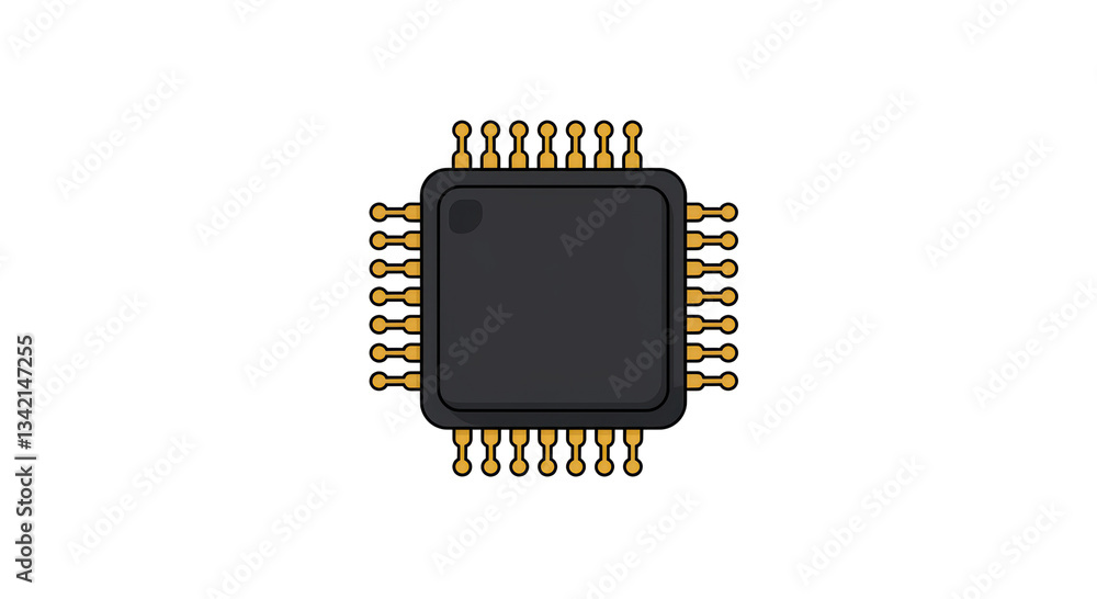 Poster isolated computer chip with gold pins, illustrating technology and processing power