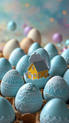Colorful Easter egg decoration featuring a tiny house nestled within a beautifully crafted eggshell